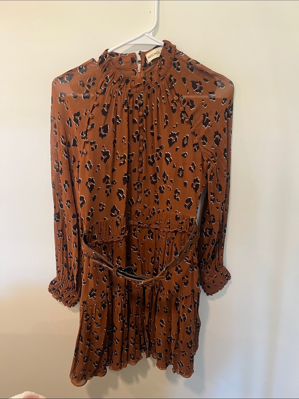Nicholas Brown Leopard-Print Long-Sleeve Ruffle Dress
